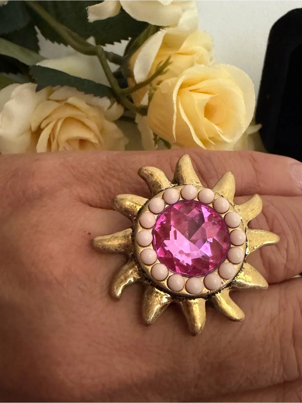 Kurt Geiger Gold Sunburst Cocktail Ring with Pink Stone Sz 9